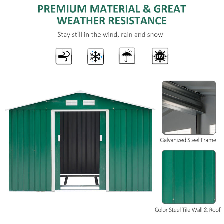 Outsunny Lockable Garden Shed Large Patio Tool Metal Storage Building Foundation Sheds Box Outdoor Furniture (9 x 6 FT, Green)