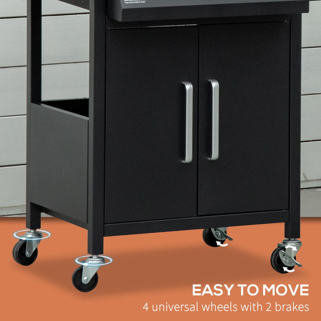 3 Burner Gas BBQ Grill Outdoor Portable Barbecue Trolley w/ Warming Rack, Side Shelves, Storage Cabinet, Thermometer, Carbon Steel, Black