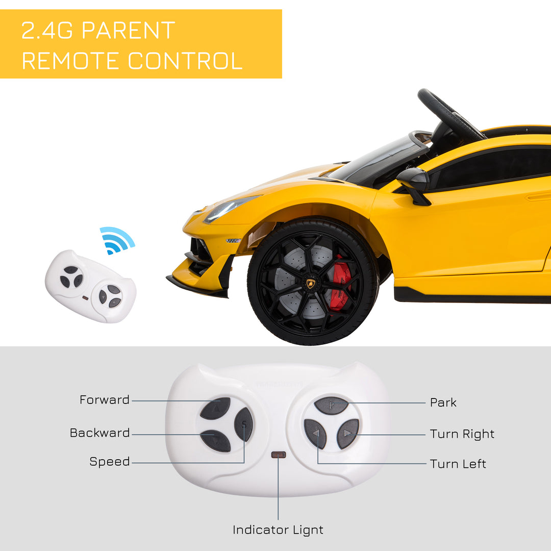 Compatible 12V Battery-powered Kids Electric Ride On Car Lamborghini Aventador Sports Racing Car Toy with Parental Remote Control Lights Yellow