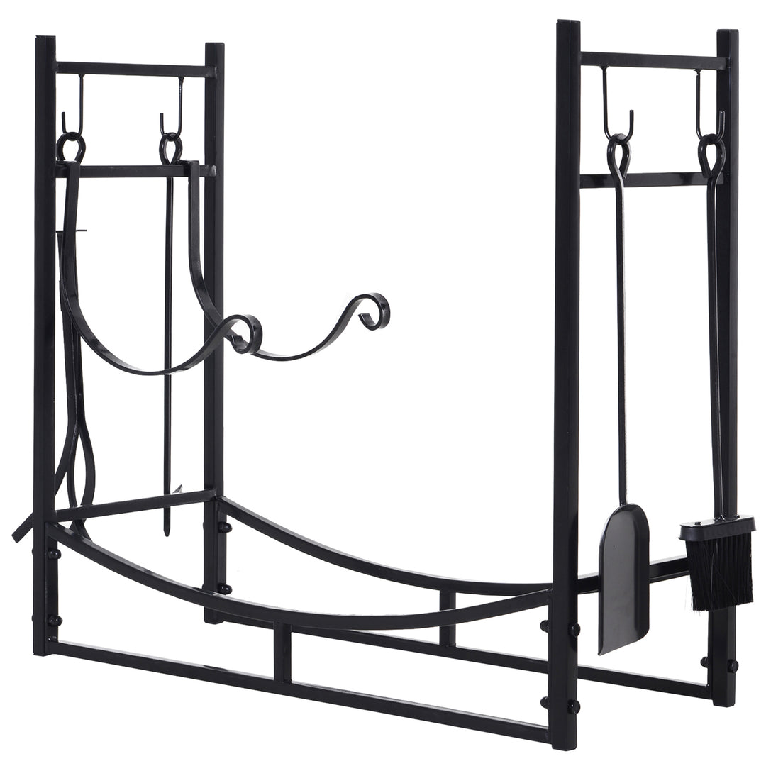 Outsunny Firewood Stand Log Rack Holder 84cm with 4-PC Fireplace Tools Set, Indoor Outdoor, Metal, Black