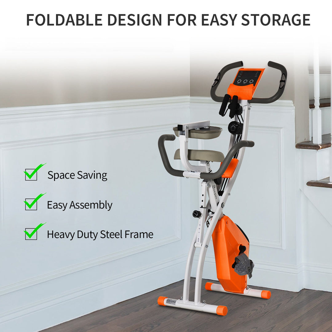 HOMCOM 2-in-1 Upright  Exercise Bike Stationary Foldable Magnetic Recumbent Cycling with Arm Resistance Bands Orange