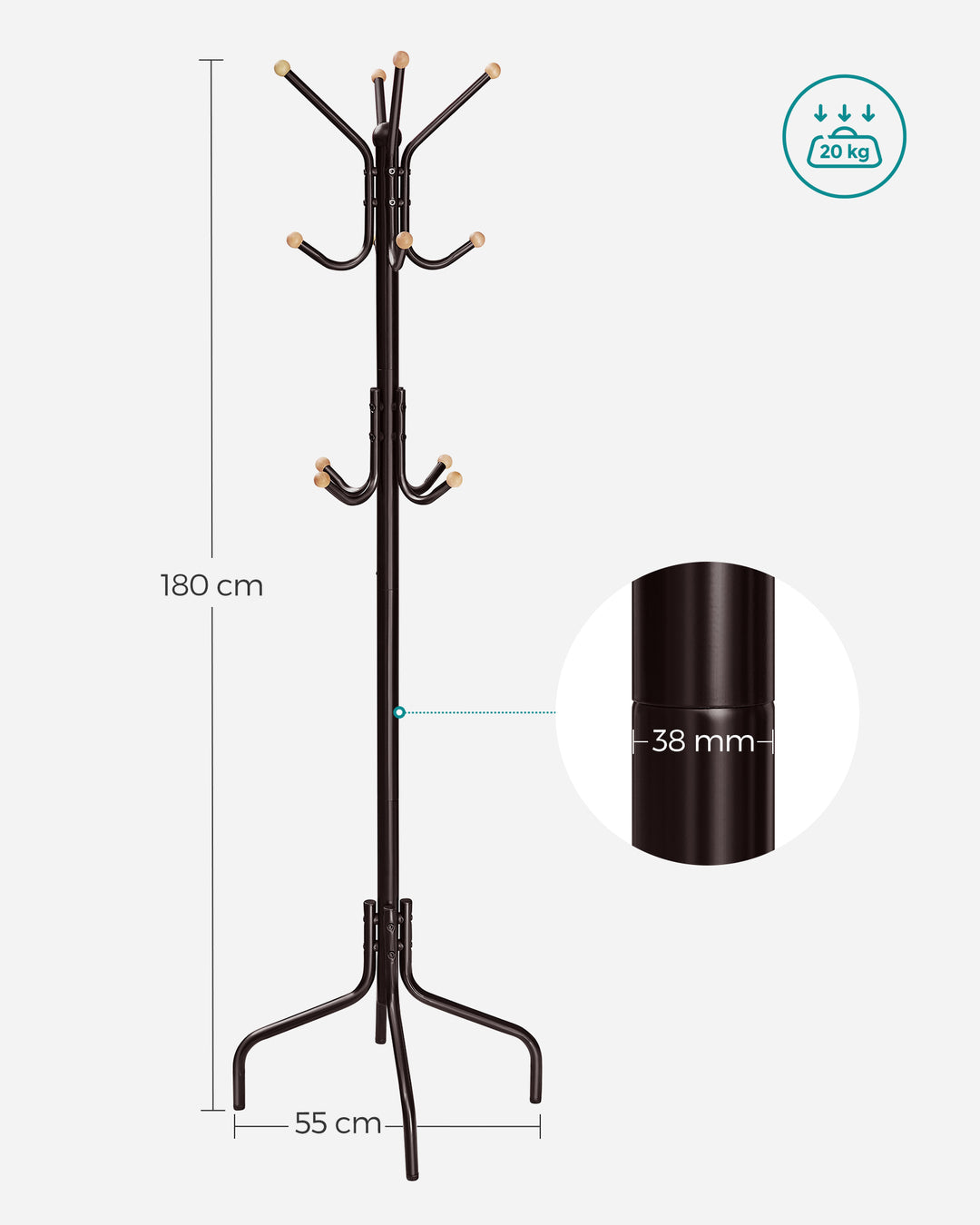 Coat Stand with 12 Hooks and 4 Legs