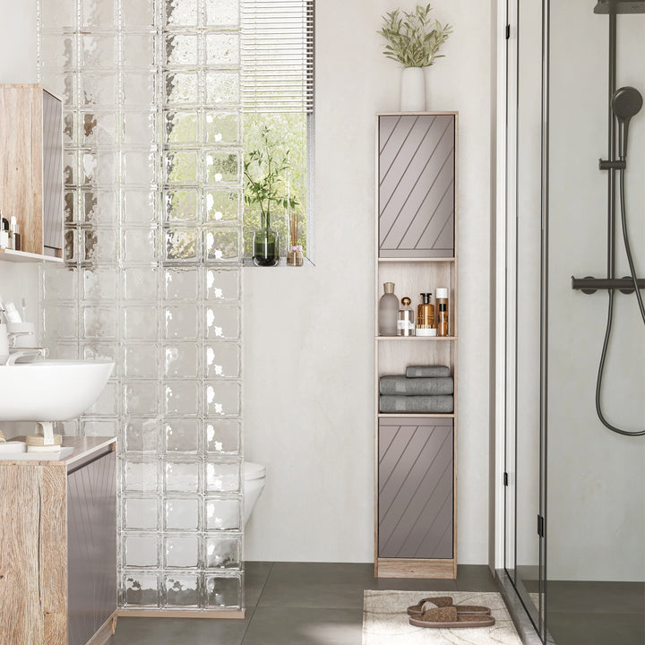 Freestanding Bathroom Storage Cabinet w/ 2 Cupboards 2 Compartments Home Organisation Anti-Tipping Elevated Base 30L x 24W x 170Hcm Grey&Brown