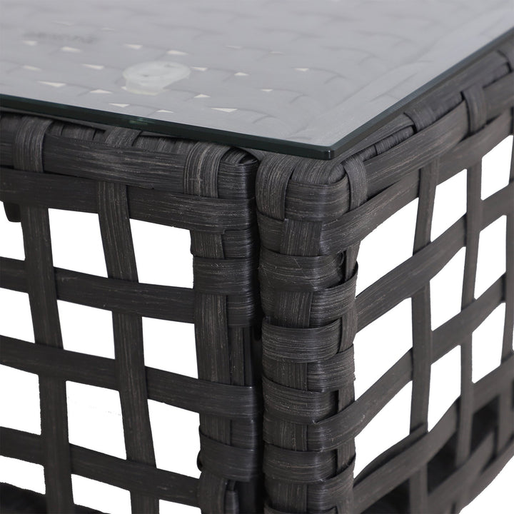 Rattan Coffee End Table W/ Glass 60Lx60Wx33H cm-Black