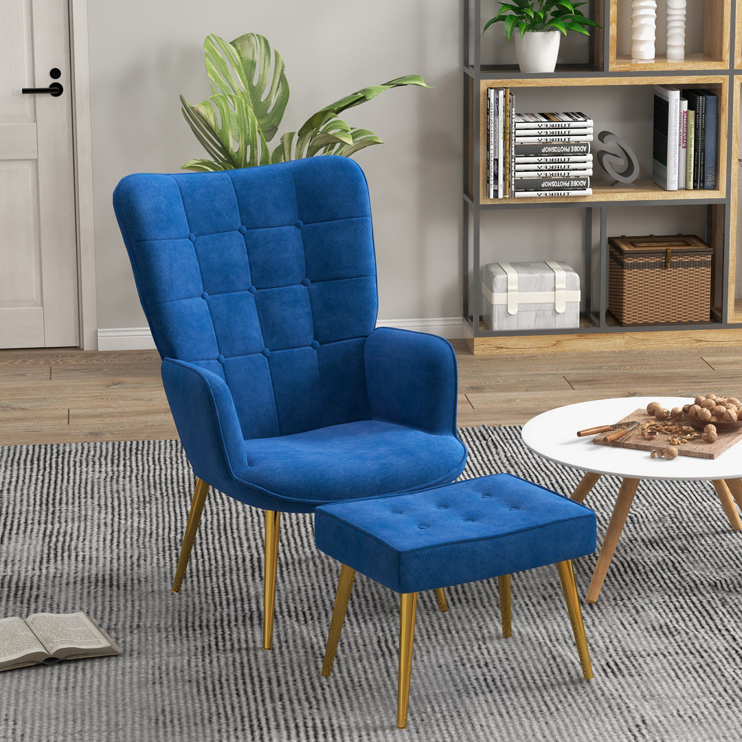 Upholstered Armchair with Footstool Set, Modern Button Tufted Accent Chair with Gold Tone Steel Legs, Wingback Chair for Living Room, Bedroom, Home Study, Dark Blue