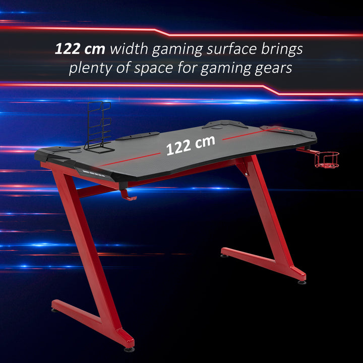 Gaming Desk, Ergonomic Home Office Desk, Gamer Workstation Racing Table, with Headphone Hook and Cup Holder, 122 x 66 x 86cm, Black and Red