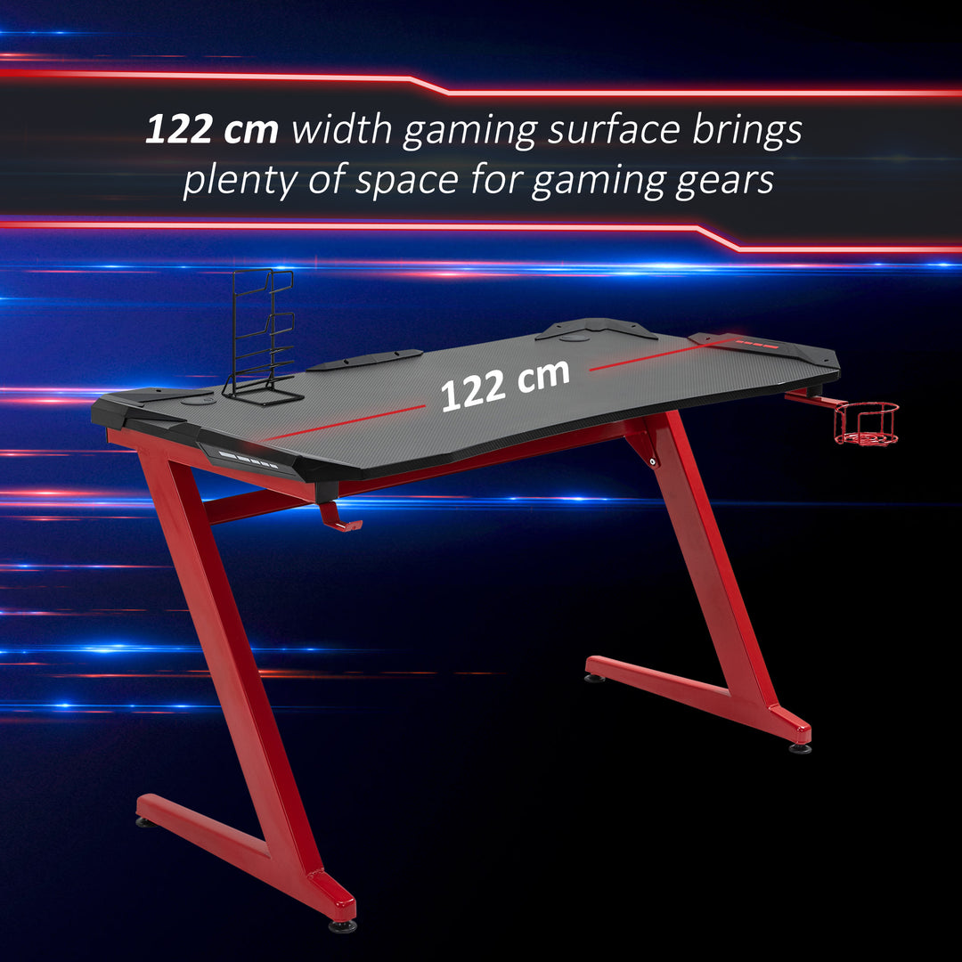 Gaming Desk, Ergonomic Home Office Desk, Gamer Workstation Racing Table, with Headphone Hook and Cup Holder, 122 x 66 x 86cm, Black and Red