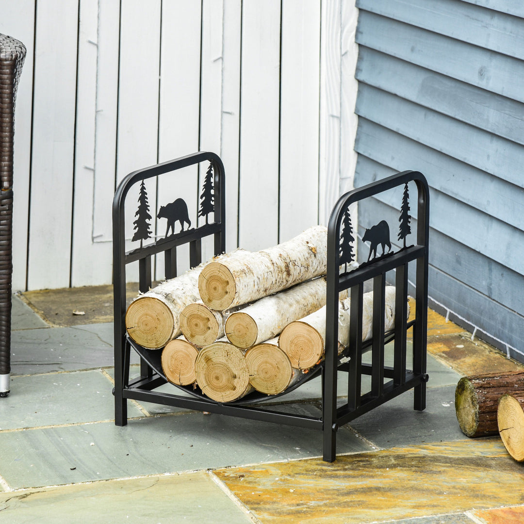 Outsunny Firewood Log Rack Curved Fireplace Log Holder Wood Storage Rack with Handles, Bear Shape Design, Outdoor and Indoor, 42 x 33.5 x 43 cm, Black