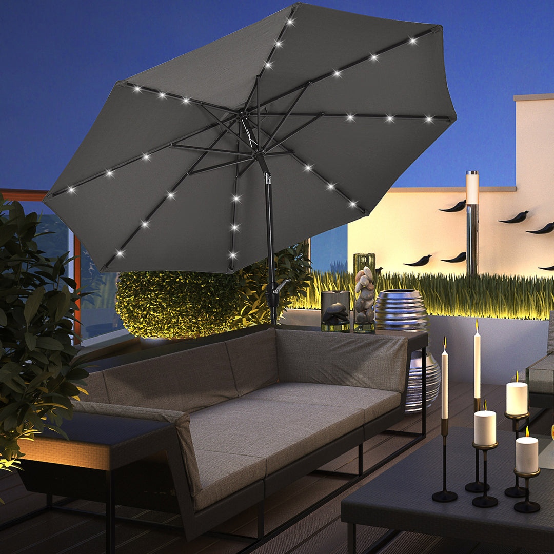 Garden 24 LED Light Parasol Outdoor Tilt Sun Umbrella Patio Club Party Event Manual Sun Shade w/ Hand Crank Grey