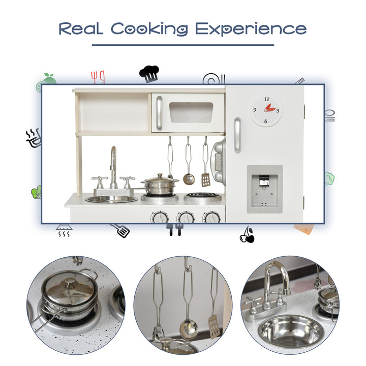 HOMCOM Kids Kitchen Playset Luxury Kitchen Accessories Set Pretend Cooking Set with Telephone Ice Machine, White