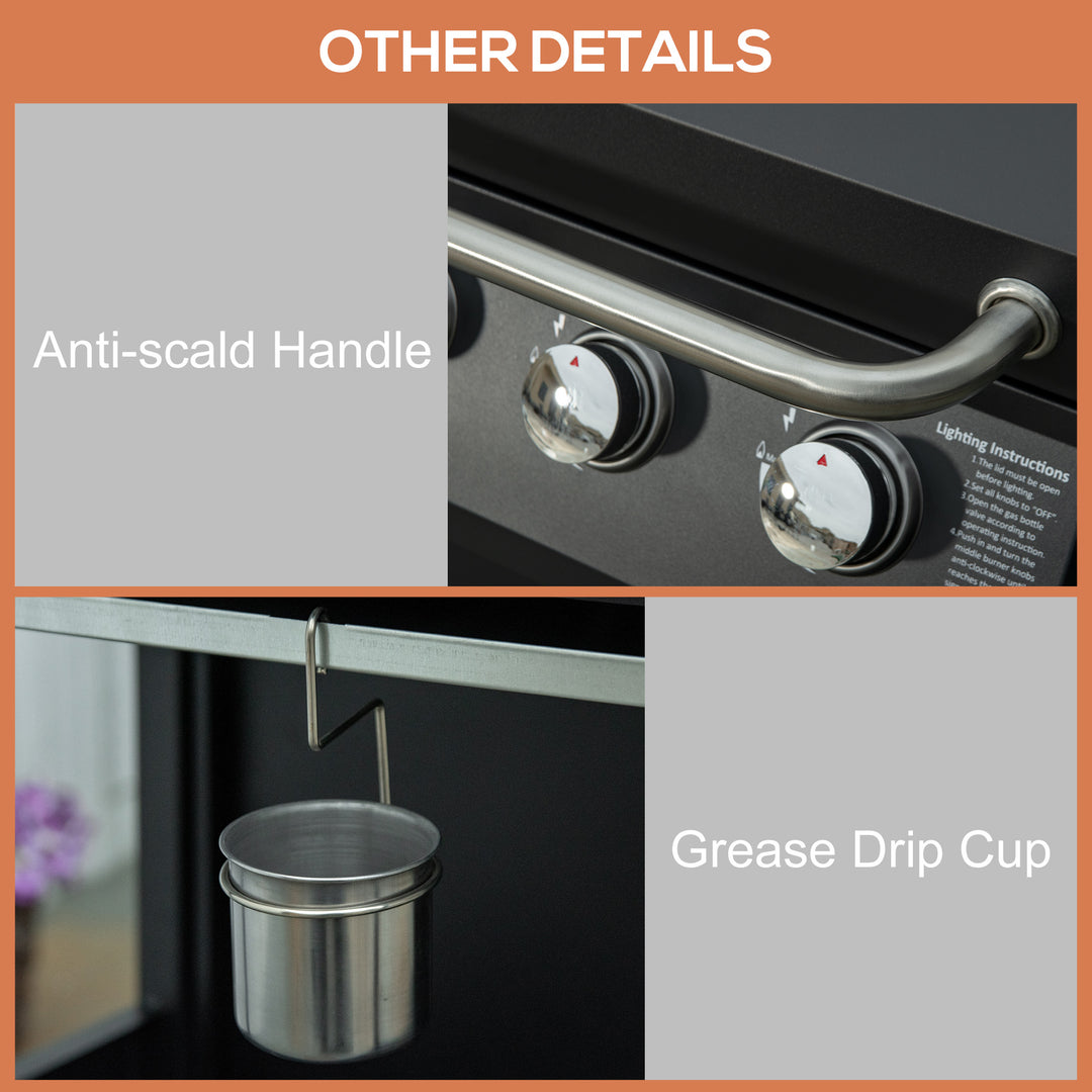 3 Burner Gas BBQ Grill Outdoor Portable Barbecue Trolley w/ Warming Rack, Side Shelves, Storage Cabinet, Thermometer, Carbon Steel, Black