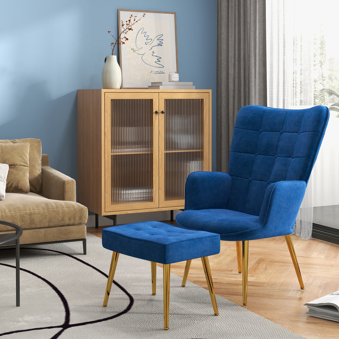 Upholstered Armchair with Footstool Set, Modern Button Tufted Accent Chair with Gold Tone Steel Legs, Wingback Chair for Living Room, Bedroom, Home Study, Dark Blue