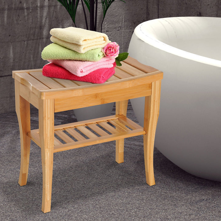 Bamboo Bathroom Shower Bench w/ Lower Shelf
