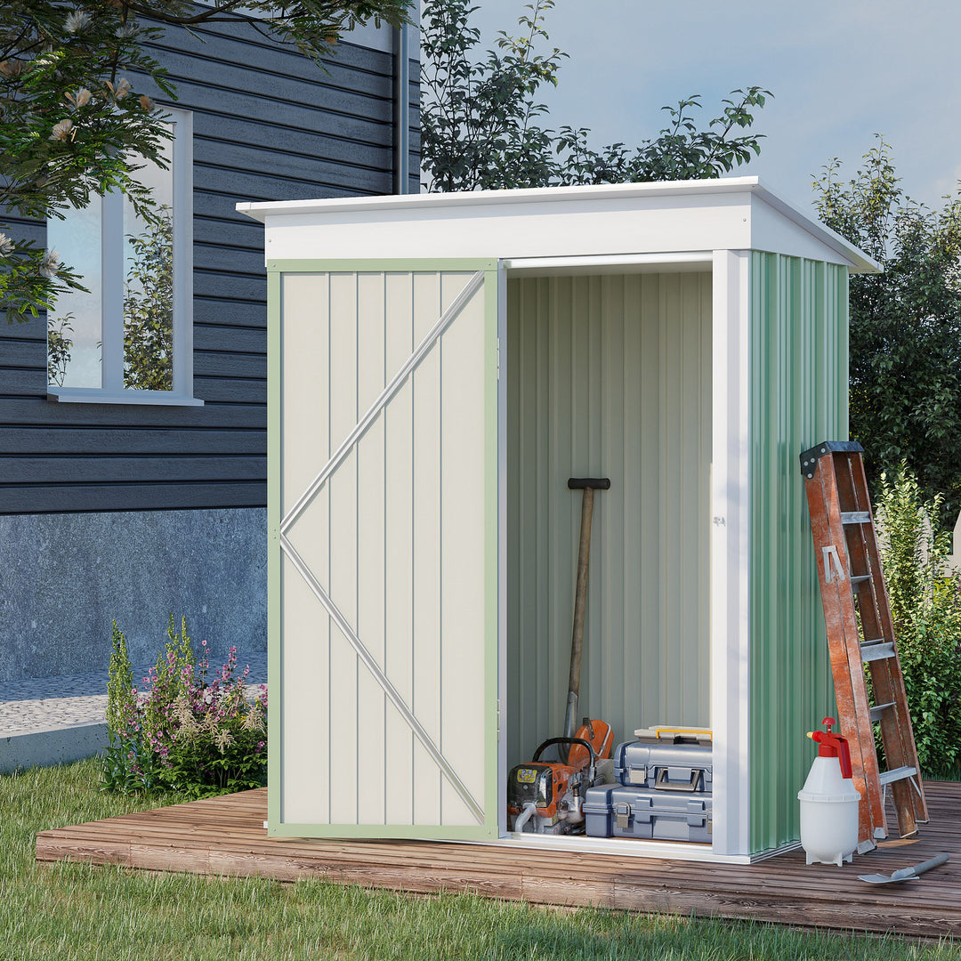 5'x3'x6' Metal Garden Shed Roofed Lean-to Shed for Tool Motor Bike, with Adjustable Shelf, Lock, Gloves, Green