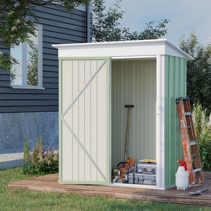 5'x3'x6' Metal Garden Shed Roofed Lean-to Shed for Tool Motor Bike, with Adjustable Shelf, Lock, Gloves, Green