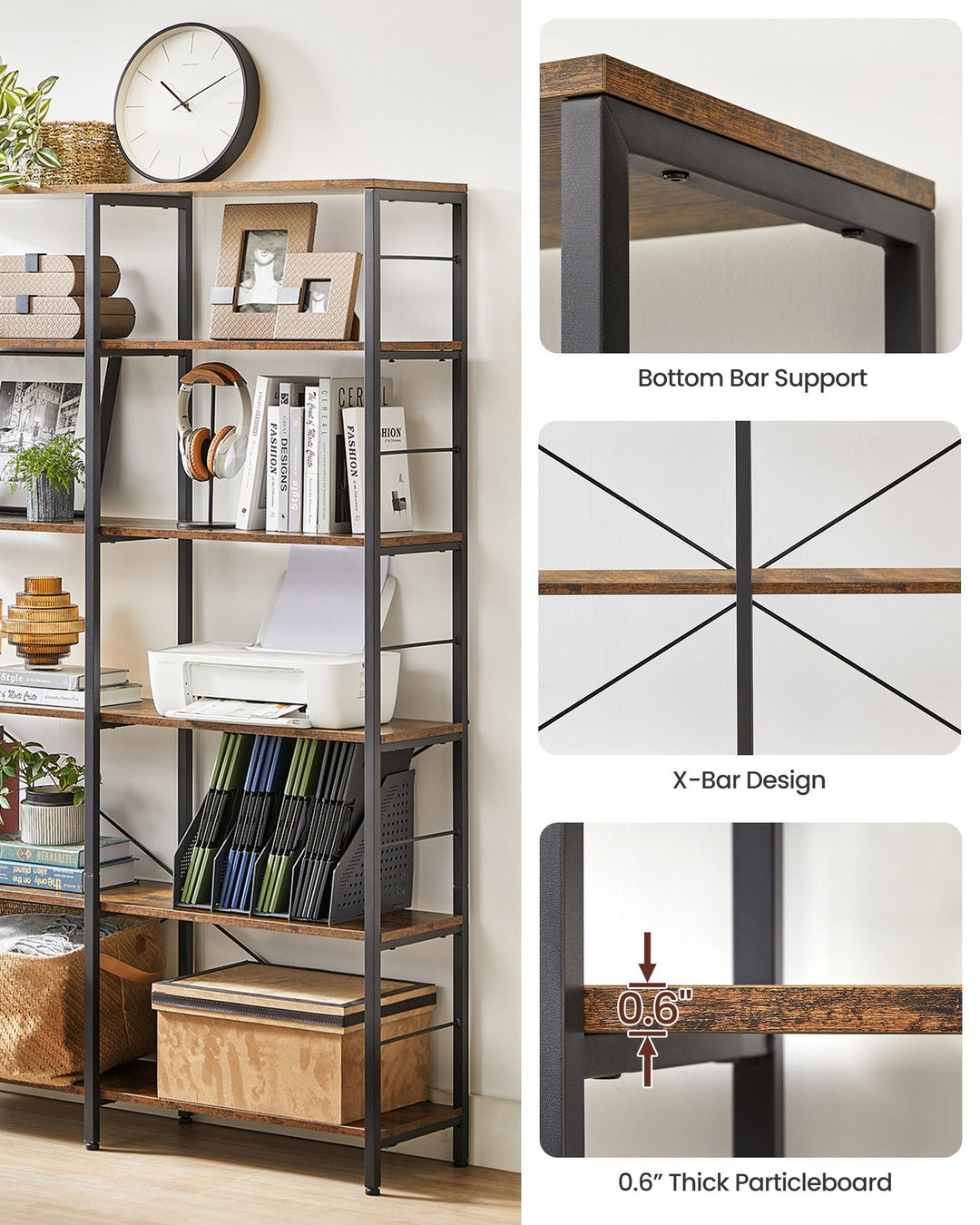 6-Tier Bookshelf Rustic Brown and Black 30 x 120 x 172.5 cm