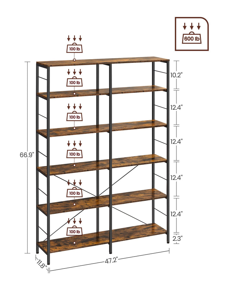 6-Tier Bookshelf Rustic Brown and Black 30 x 120 x 172.5 cm