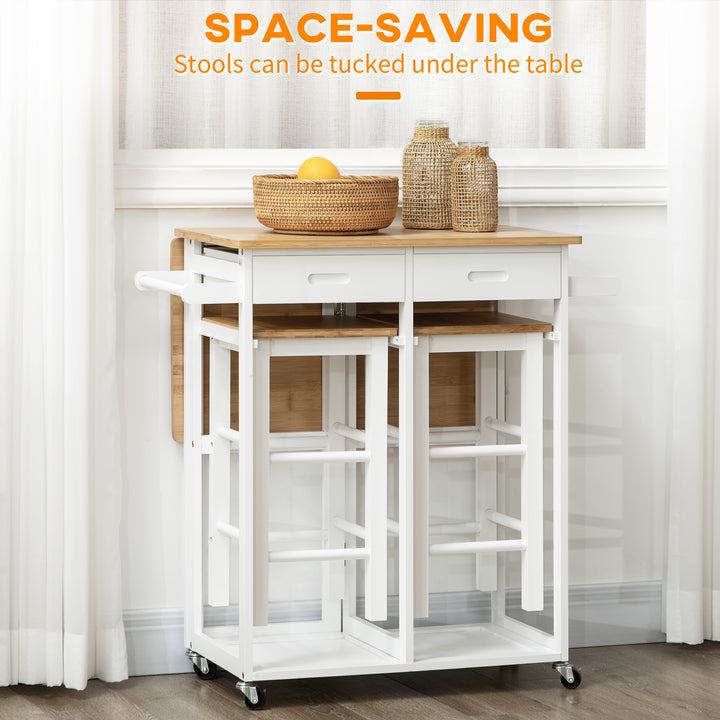 Kitchen Island Set with 2 Stools, Bamboo Breakfast Cart with Drop Leaf Top, Drawers and Towel Rack, Rolling Kitchen Cart and Chairs Set, White