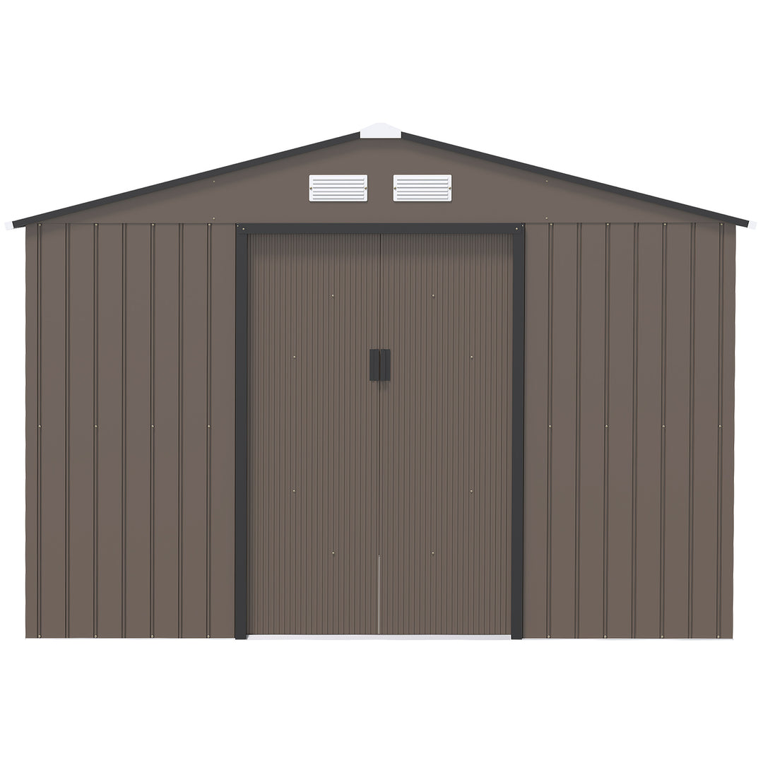 9 x 6FT Garden Metal Storage Shed Outdoor Storage Shed with Foundation Ventilation & Doors, Brown