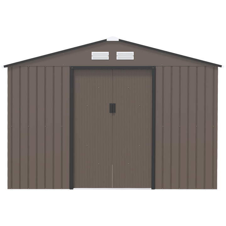 9 x 6FT Garden Metal Storage Shed Outdoor Storage Shed with Foundation Ventilation & Doors, Brown