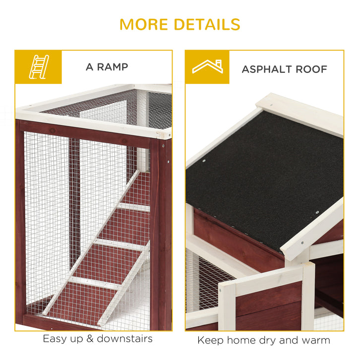 PawHut 122 Wooden Rabbit Hutch Bunny Cage with Waterproof Asphalt Roof, Fun Outdoor Run, Removable Tray and Ramp, Brown