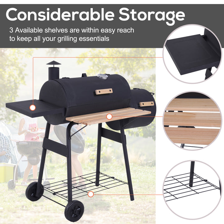 Charcoal Barbecue Grill Garden Portable BBQ  Trolley w/ Offset Smoker Combo, Handy Shelves and On-lid Thermometer