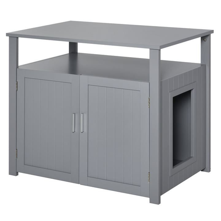 Wooden Cat Litter Box Enclosure Furniture with Adjustable Interior Wall & Large Tabletop for Nightstand, Grey