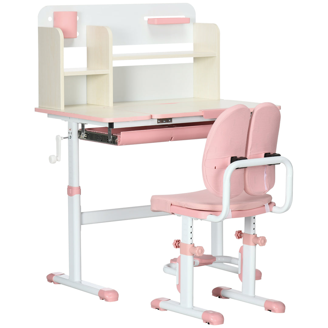 HOMCOM Kids Desk and Chair Set, Height Adjustable Ergonomic Kids School Desk and Chair Set with Storage Shelves, Washable Cover, Anti-Slip Mat, for 3-12 Years Old, Pink