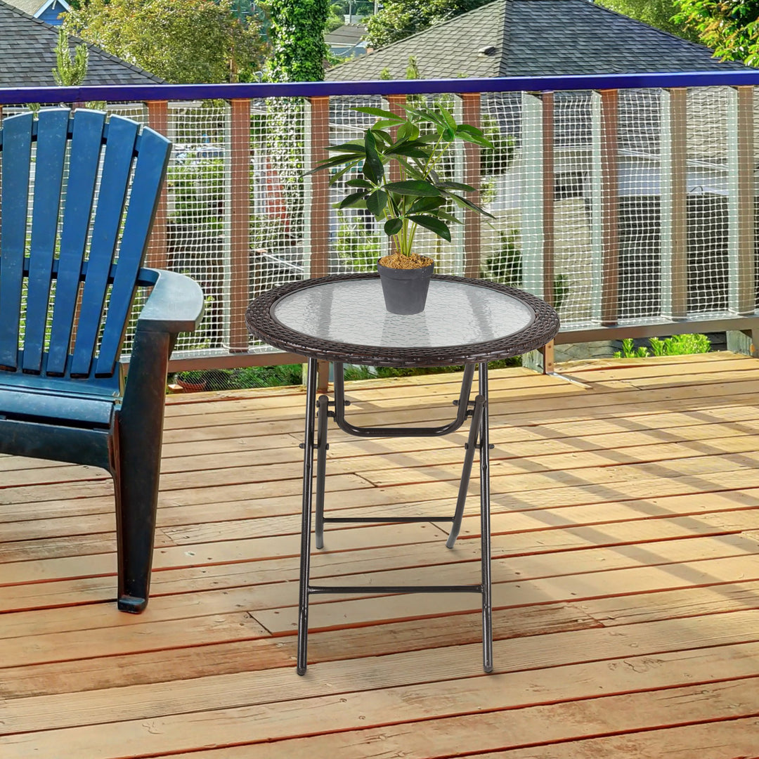 Folding Round Tempered Glass Metal Table with Brown Rattan Edging