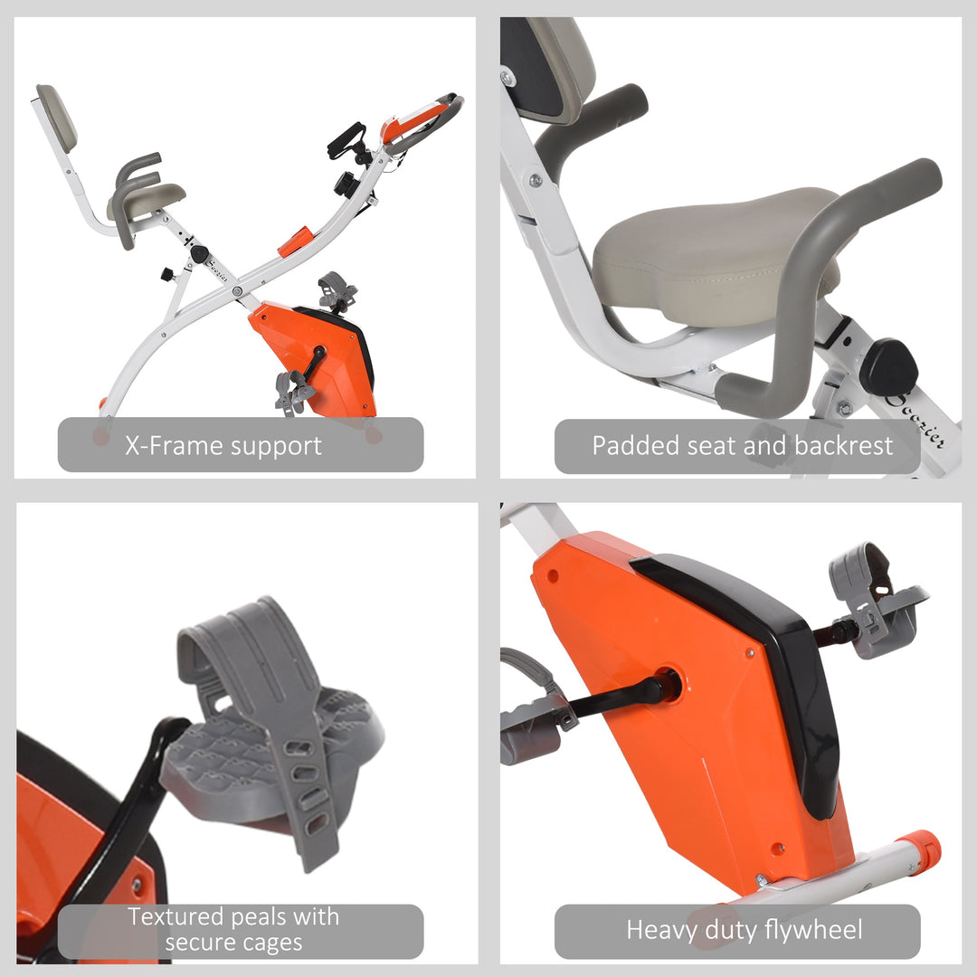 HOMCOM 2-in-1 Upright  Exercise Bike Stationary Foldable Magnetic Recumbent Cycling with Arm Resistance Bands Orange