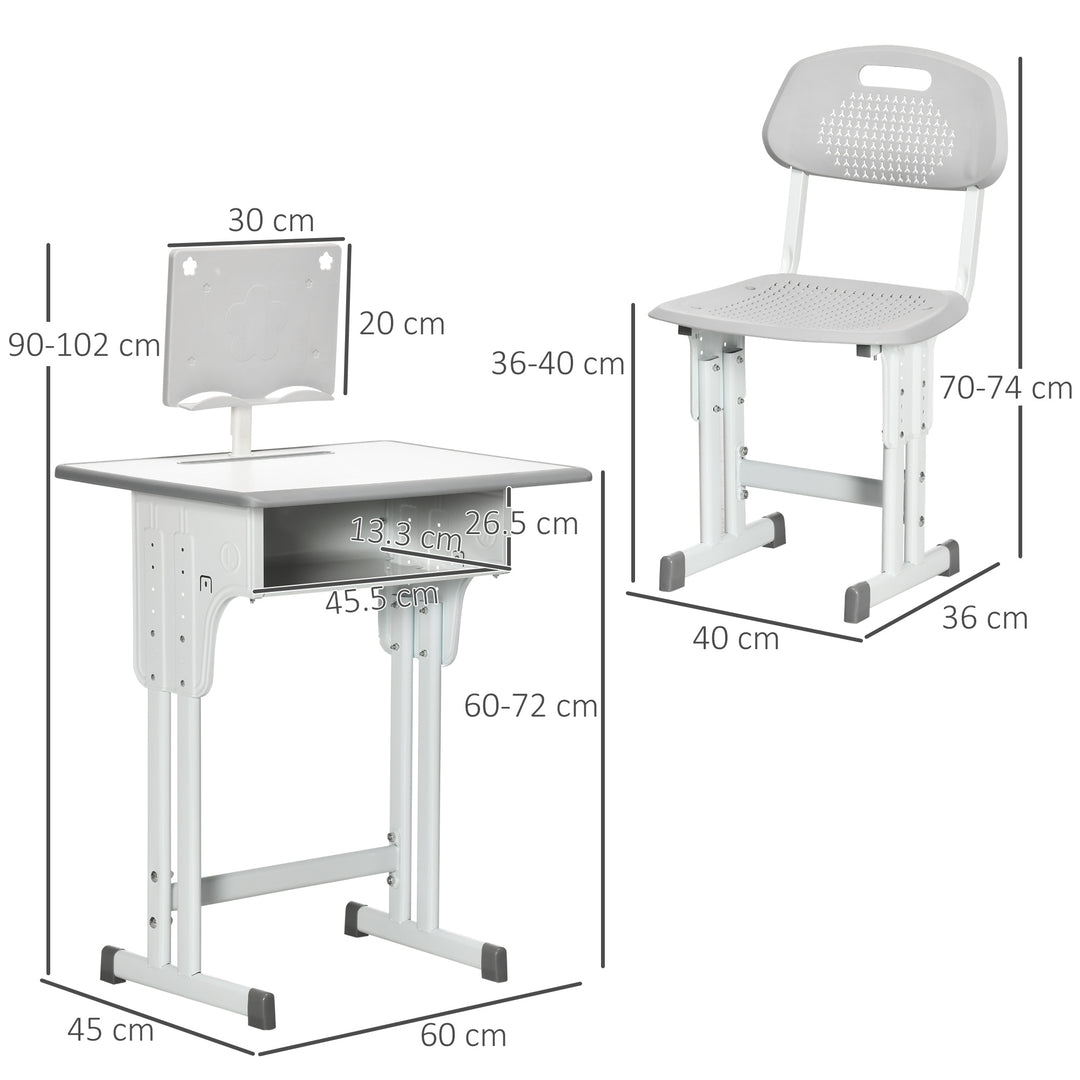 HOMCOM Kids Desk and Chair Set, Height Adjustable Study Table Set with Storage Drawer, Book Stand, Cup Holder, Pen Slot, Grey