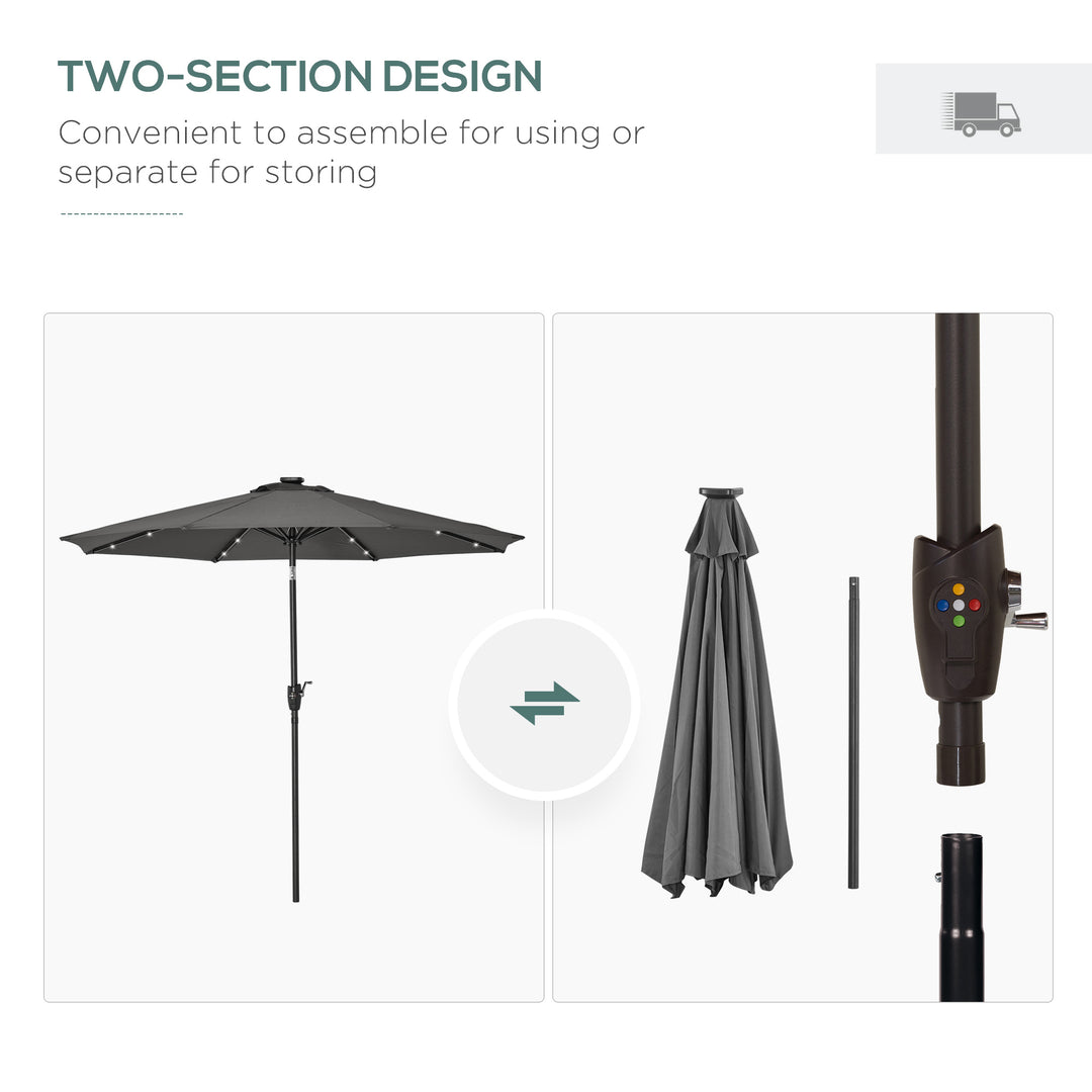 Garden 24 LED Light Parasol Outdoor Tilt Sun Umbrella Patio Club Party Event Manual Sun Shade w/ Hand Crank Grey