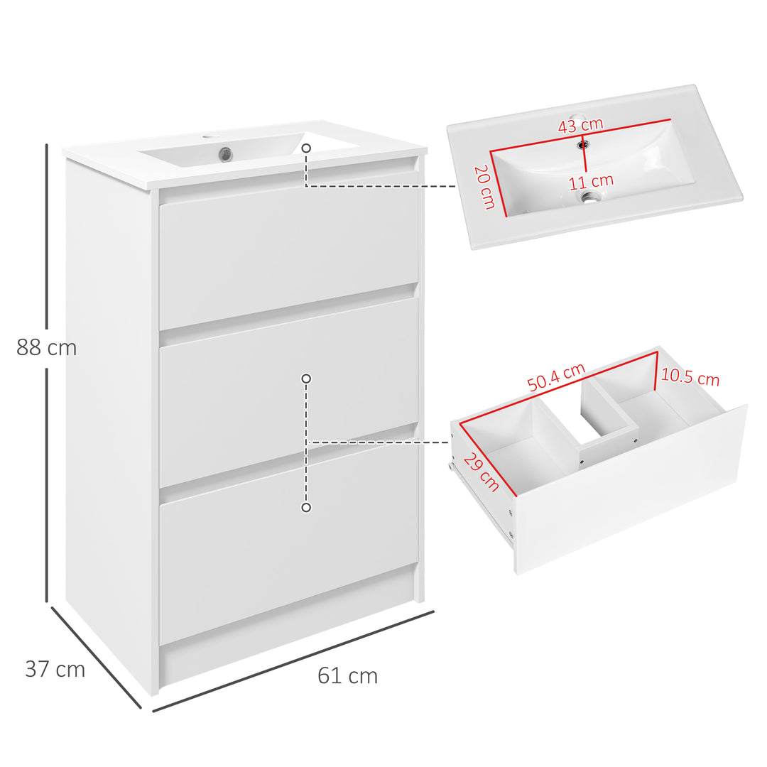 600mm Bathroom Vanity Unit with Basin and Single Tap Hole, High Gloss White Floor Standing Bathroom Sink Unit with 2 Drawers