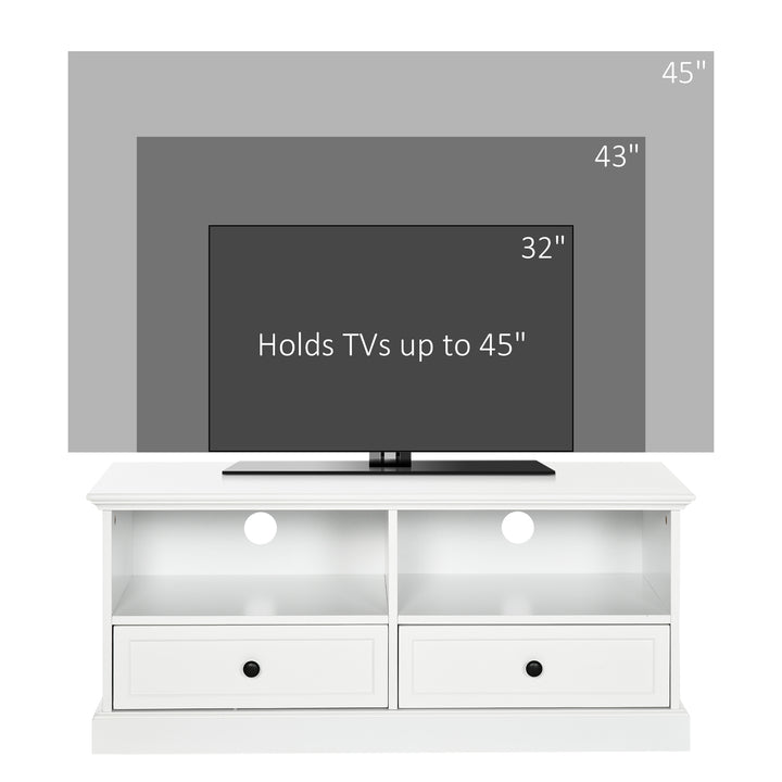 Modern TV Unit Cabinet for TVs up to 45 Inches, TV Stand with Drawers, Open Shelves, Cable Holes for Living Room, White
