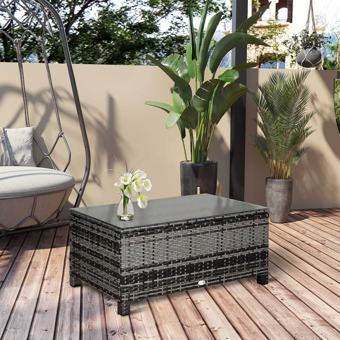 Rattan Coffee Table Garden Furniture Patio Wicker Side Table with Tempered Glass Table Top, Mixed Grey