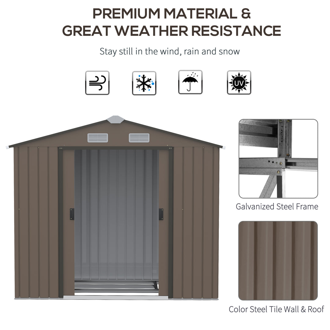 7ft x 4ft Lockable Garden Metal Storage Shed Large Patio Roofed Tool Storage Building Foundation Sheds Box Outdoor Furniture, Brown