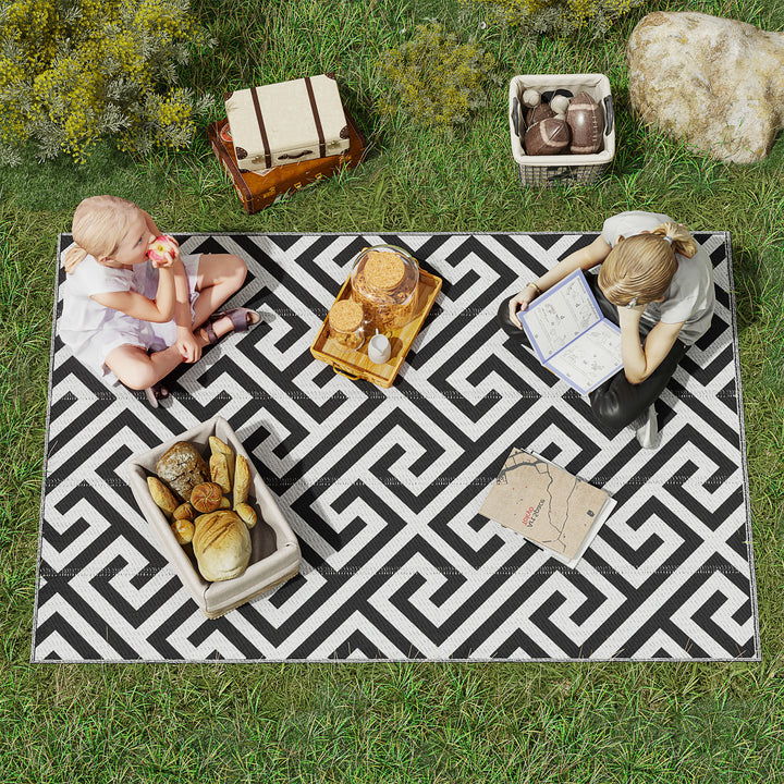 Outdoor Patio Rug Reversible Mat Plastic Straw Rug, 121 x 182 cm(4x6ft) Black & White