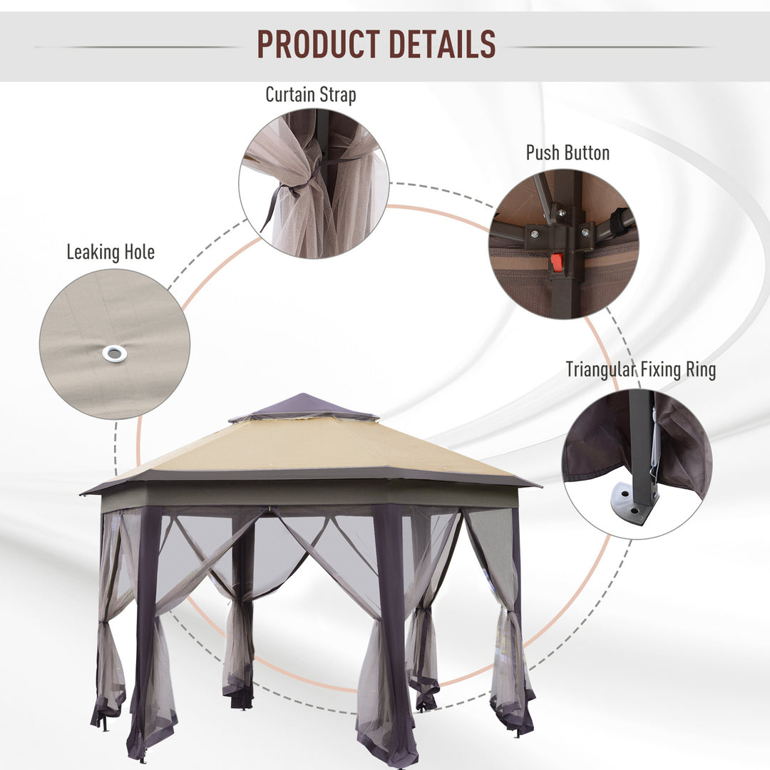 Outsunny Hexagon Patio Gazebo Pop Up Gazebo Outdoor Double Roof Instant Shelter with Netting, 4m x 4m, Beige