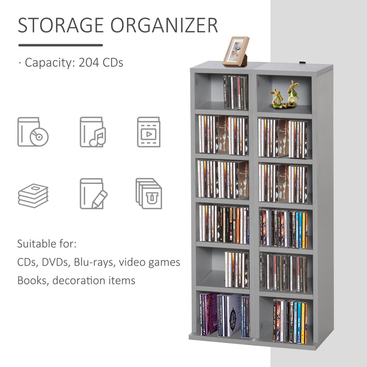 HOMCOM 204 CD Media Display Shelf Unit Set of 2 Blu-Ray DVD Tower Rack w/ Adjustable Shelves Bookcase Storage Organiser, Grey