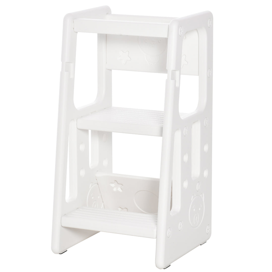 Kids Step Stool Adjustable Standing Platform Toddler Kitchen Stool -Standing Tower for Kids Kitchen Learning w/ Three Adjustable Heights, White