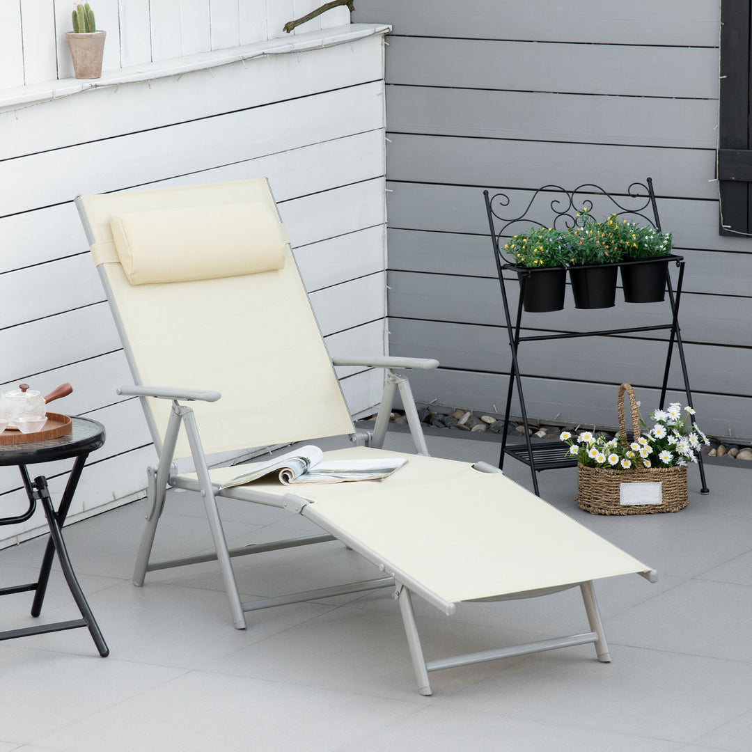 Outsunny Outdoor Folding Chaise Lounge Chair Recliner with Portable Design & 7 Adjustable Backrest Positions , Steel Fabric Sun Lounger- Beige