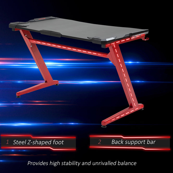 Gaming Desk, Ergonomic Home Office Desk, Gamer Workstation Racing Table, with Headphone Hook and Cup Holder, 122 x 66 x 86cm, Black and Red