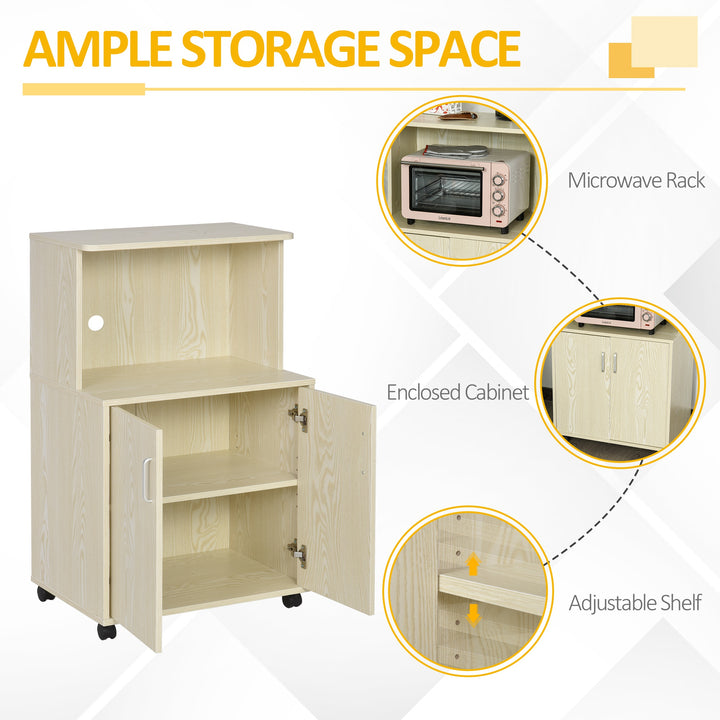 Microwave Stand, Modern Kitchen Storage Unit, Trolley Cart Sideboard w/ Cabinet, Locking Wheels, Shelf for Living Room, Dining Room -Oak Tone