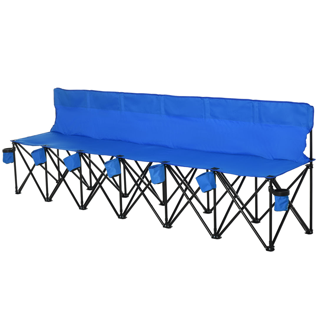 6 Seater Folding Sports Bench Outdoor Picnic Camping Portable Spectator Chair Steel Frame w/ Cup Holder & Carry Bag - Blue