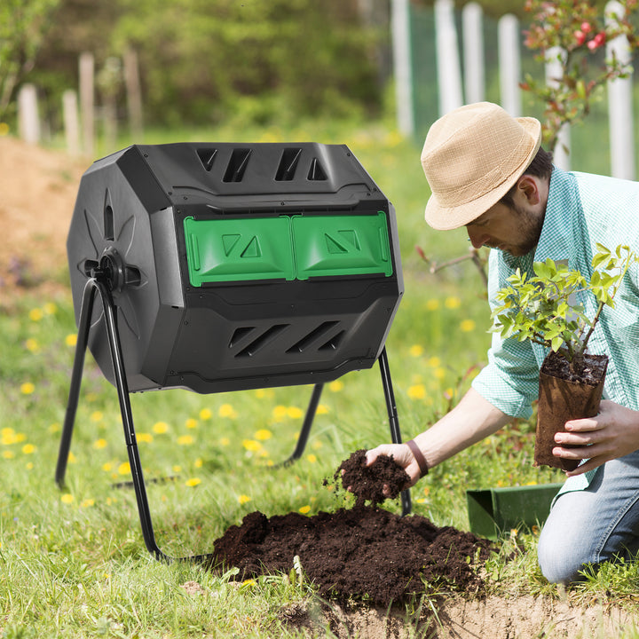 160L Tumbling Compost Bin Outdoor Dual Chamber 360° Rotating Composter w/ Sliding Doors & Solid Steel Frame, Black