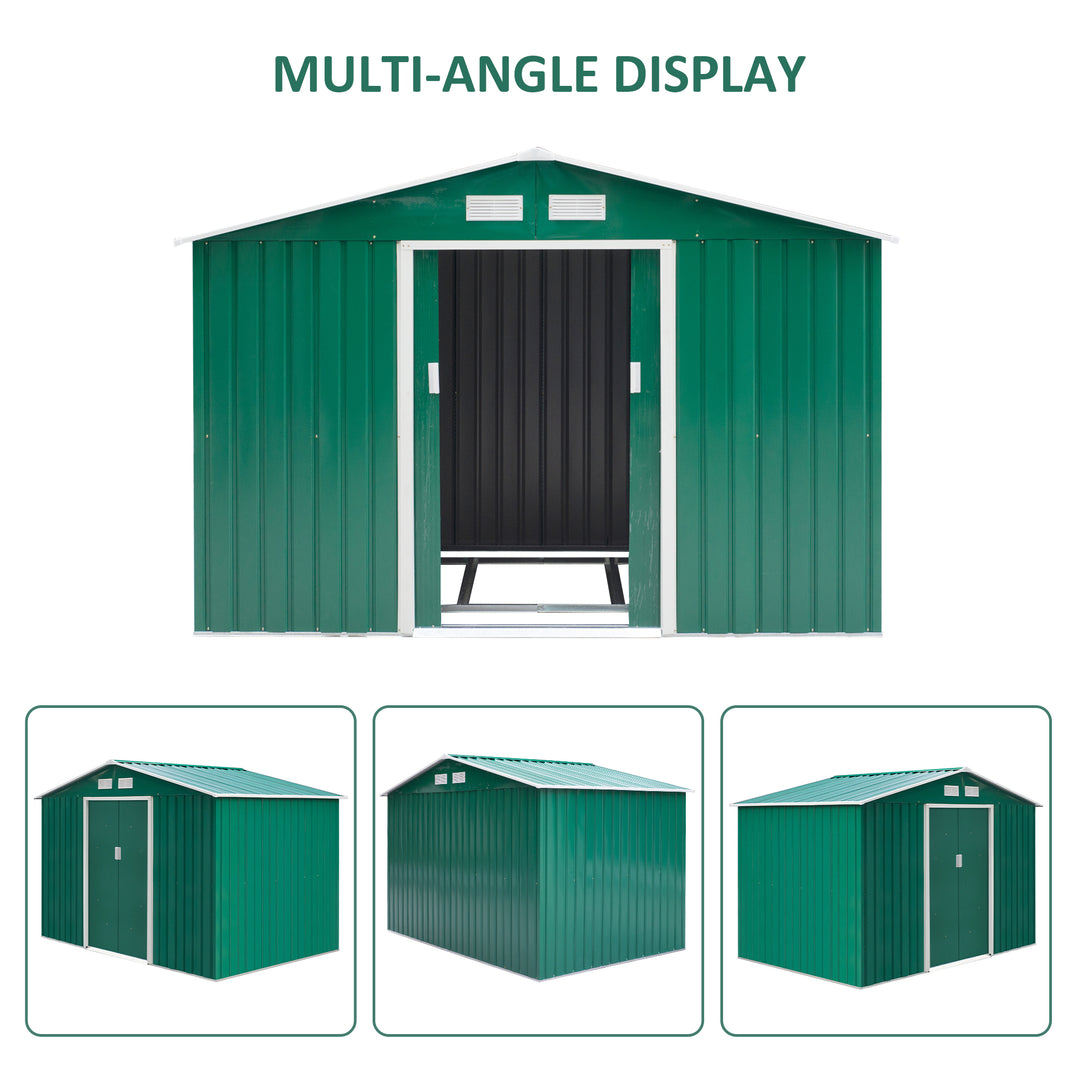 Outsunny Lockable Garden Shed Large Patio Tool Metal Storage Building Foundation Sheds Box Outdoor Furniture (9 x 6 FT, Green)