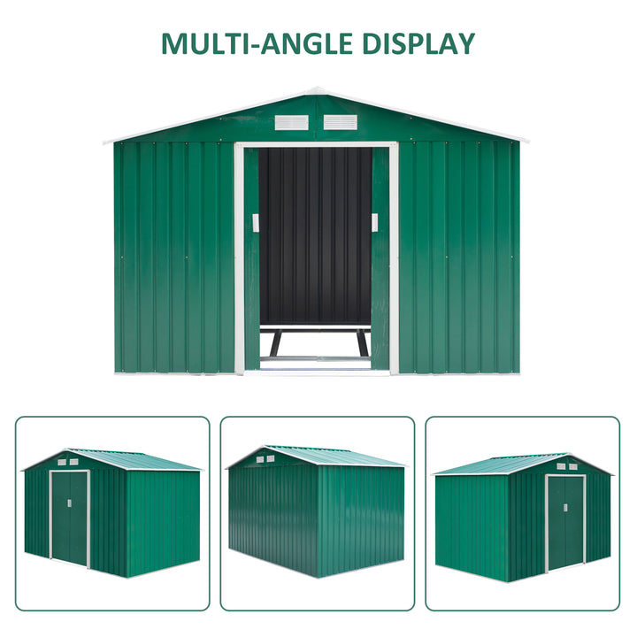 Outsunny Lockable Garden Shed Large Patio Tool Metal Storage Building Foundation Sheds Box Outdoor Furniture (9 x 6 FT, Green)