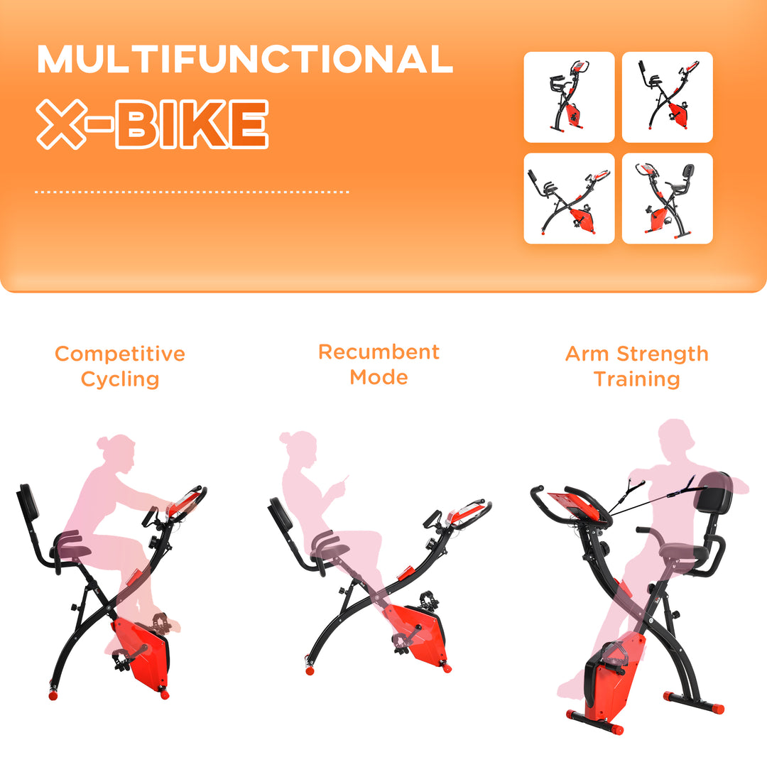 HOMCOM 2-In-1 Upright Exercise Recumbent Bike Adjustable Resistance Stationary Fitness Home Gym Foldable w/ Armrests LCD Monitor Cycling Wheels Red