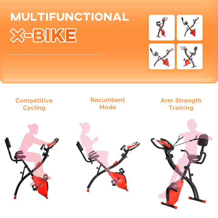 HOMCOM 2-In-1 Upright Exercise Recumbent Bike Adjustable Resistance Stationary Fitness Home Gym Foldable w/ Armrests LCD Monitor Cycling Wheels Red