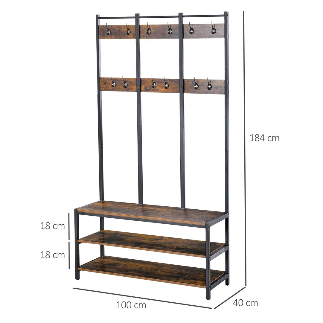 Coat Rack Stand, Free Standing Hall Tree, Coat Stand with Hooks, Bench and Shoe Rack, 100cm x 40cm x 184cm, Rustic Brown and Black